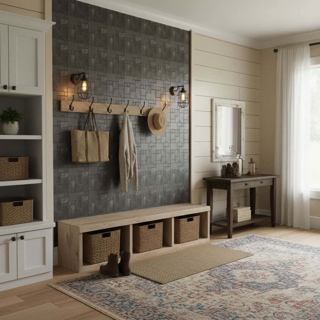 Slate gray textured tile wall with a matte finish and subtle pattern.