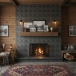 Warm-toned stone tiles with textured surface around fireplace, complemented by wooden wall paneling and rustic decor.