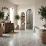 Stone tile flooring and shower walls in a serene bathroom setting.