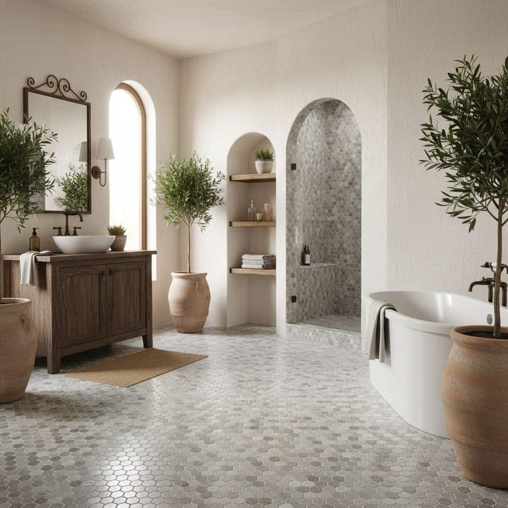Stone tile flooring and shower walls in a serene bathroom setting.