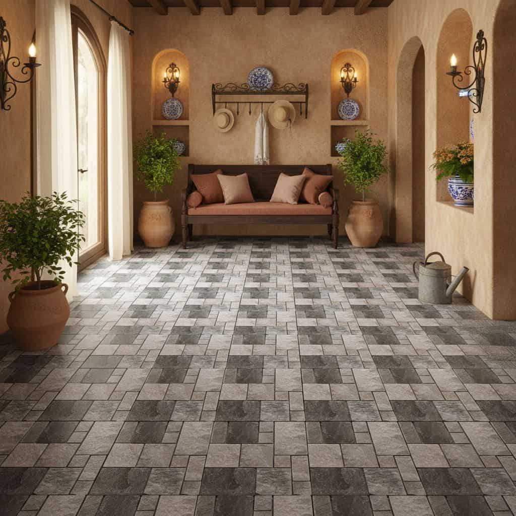 Gray stone patterned tile with textured surface, suitable for indoor flooring.