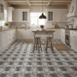 Gray and white patterned ceramic tiles with a textured surface, suitable for kitchen flooring.