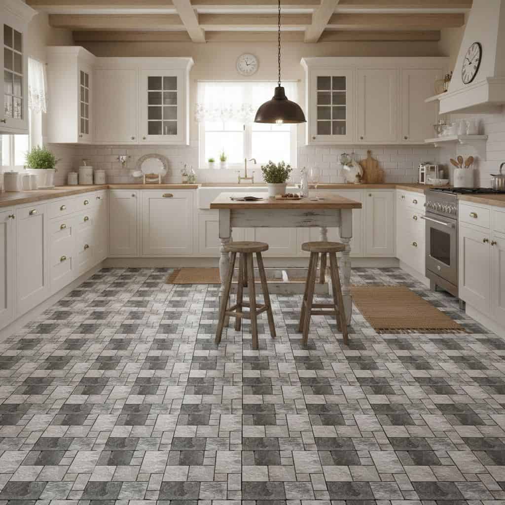 Gray and white patterned ceramic tiles with a textured surface, suitable for kitchen flooring.