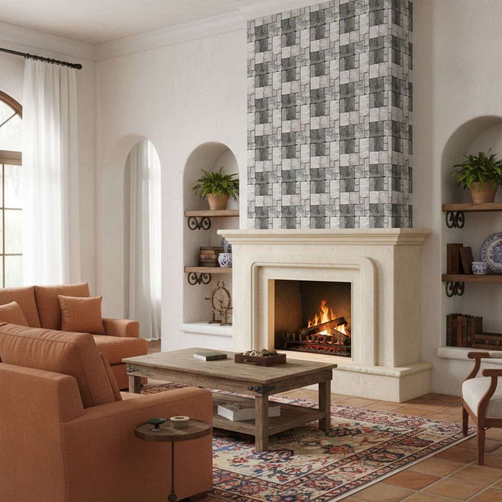 Gray stone tile with textured, mosaic pattern around fireplace.