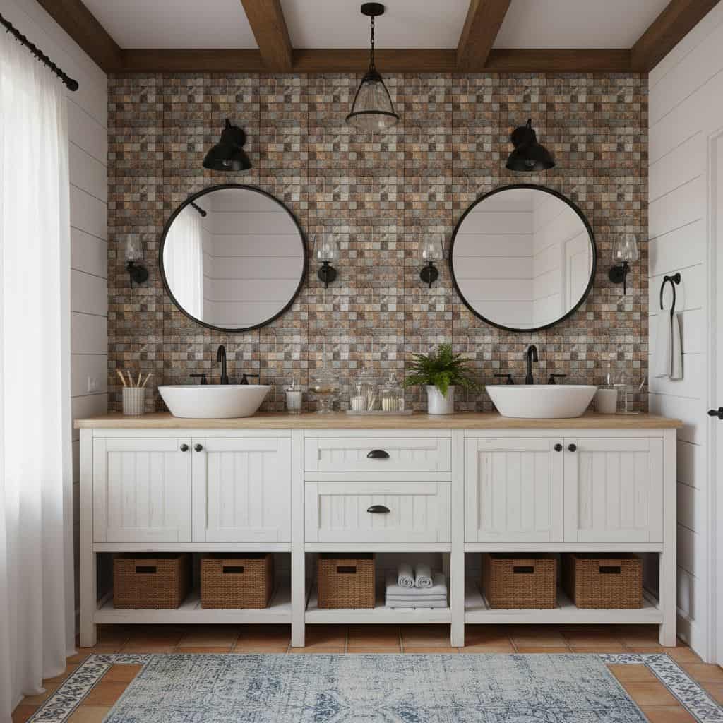 Bright, textured mosaic tile wall with earthy tones behind double sinks.