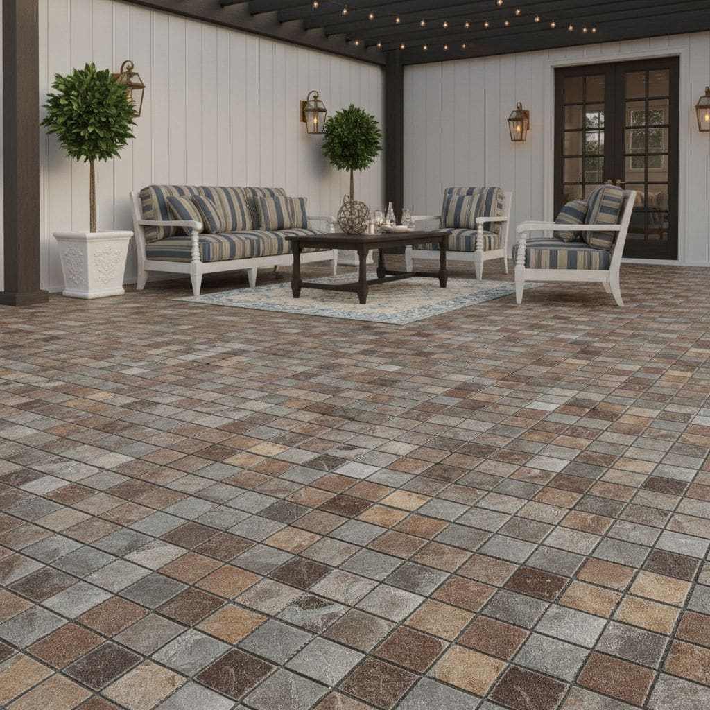 Warm-toned brick paver tiles with textured surface for outdoor patio flooring.