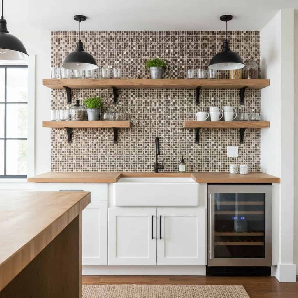 Bright kitchen with mosaic glass tile backsplash and open wooden shelves.