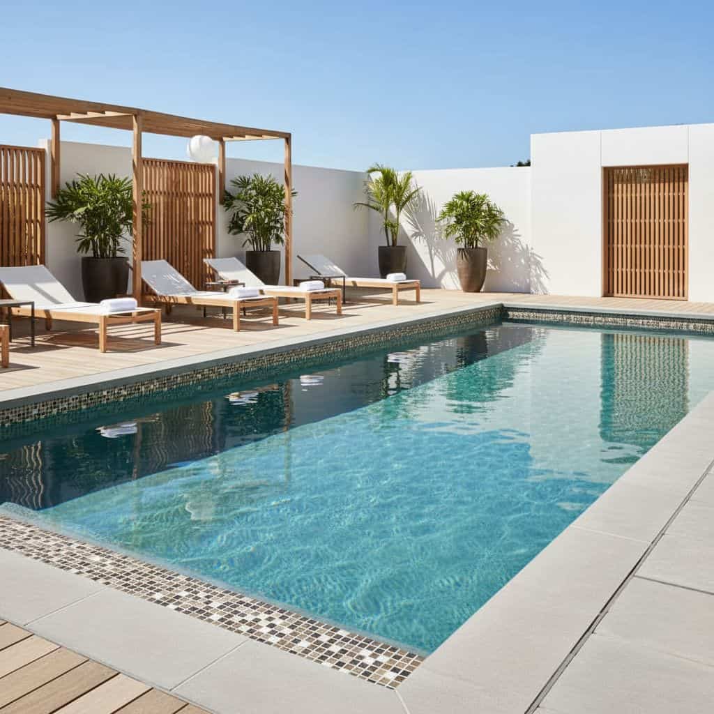 Pool with glass tile backsplash and mosaic accents for a sleek, contemporary look.