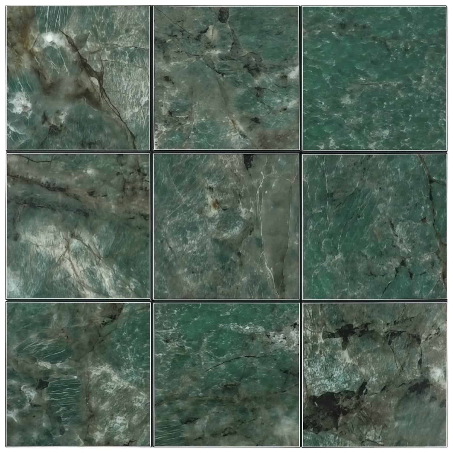 Nine-piece peel and stick wall tile with green marble design for easy home decor updates.