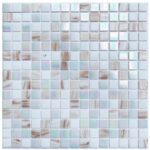 Beautiful glass mosaic tile with iridescent and beige accents, ideal for backsplashes and pool surfaces.