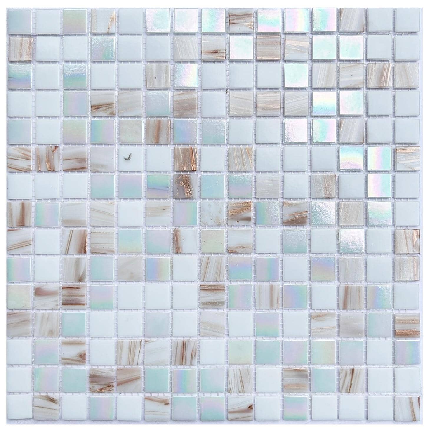 Beautiful glass mosaic tile with iridescent and beige accents, ideal for backsplashes and pool surfaces.