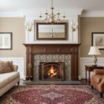 Wooden tile fireplace surround with a classic design, warm brown tones, and textured surface.