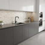 Kitchen with shell tile backsplash, black faucet, and minimalist design.