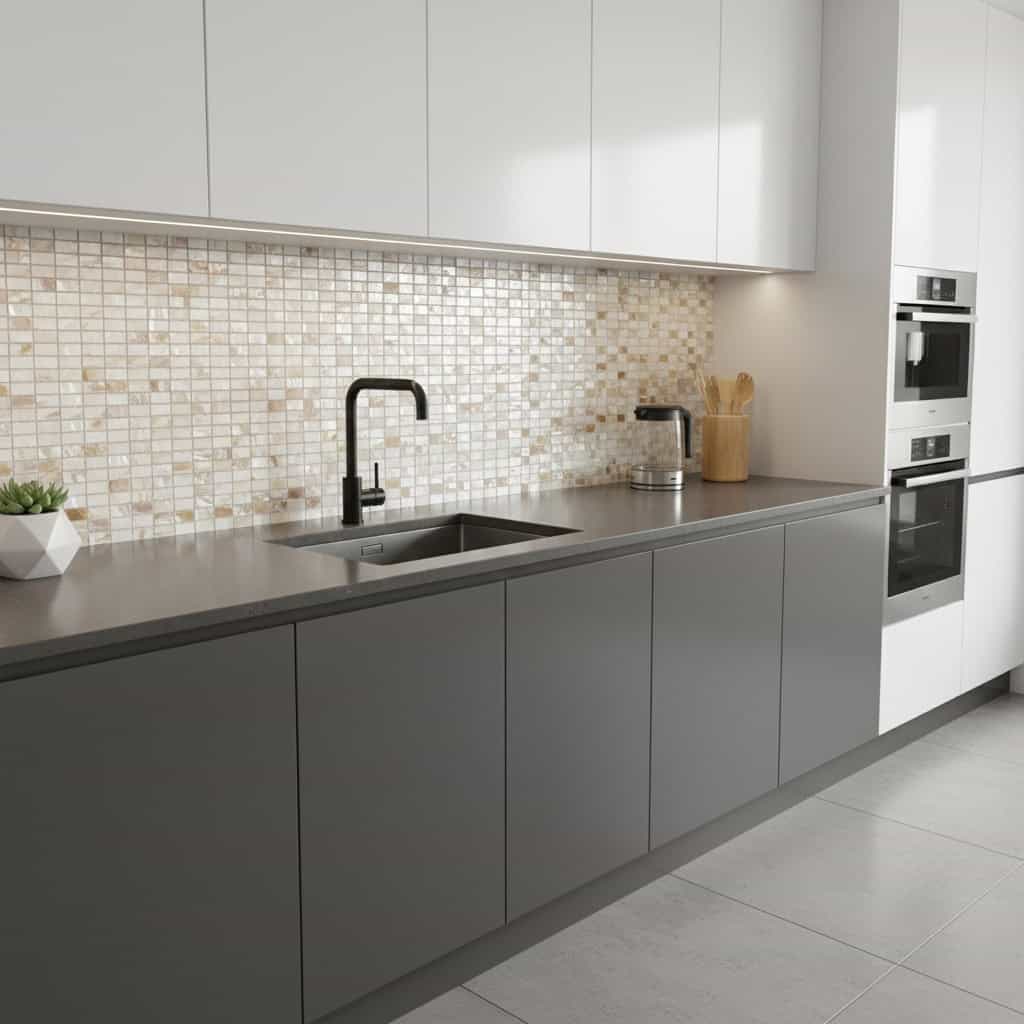 Kitchen with shell tile backsplash, black faucet, and minimalist design.