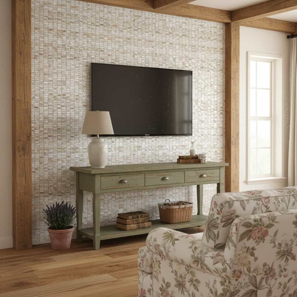 Up of a textured shell tile wall featuring mother of pearl and seashell tiles in a cozy living room setting.