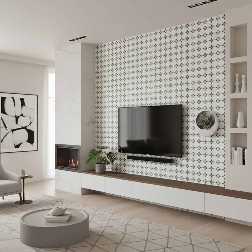 Black and white patterned ceramic tile wall with textured surface in living room.