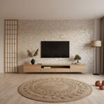 Mother of pearl shell tile wall decor with a textured, shimmering surface in a modern living room setting.