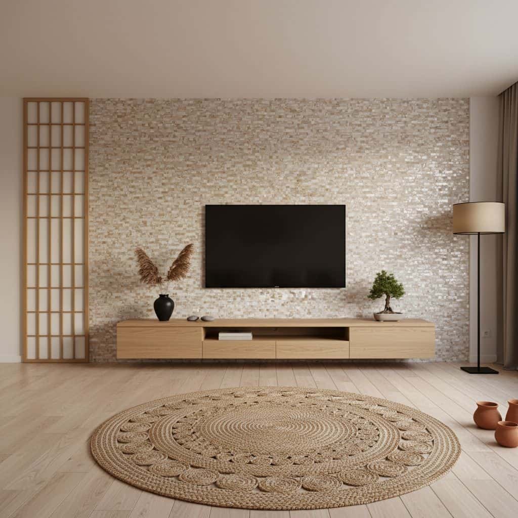 Mother of pearl shell tile wall decor with a textured, shimmering surface in a modern living room setting.