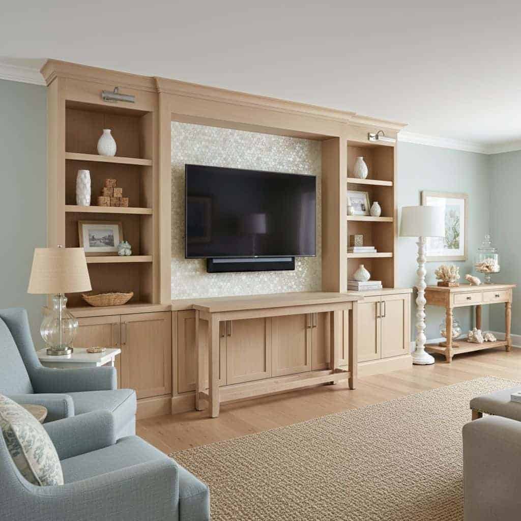 Mother of pearl shell tile used as a decorative wall accent in a modern living room. Elegant, reflective, and natural seashel.