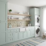 Modern laundry room with peel and stick wall tiles, cabinetry, and stacked washer and dryer.