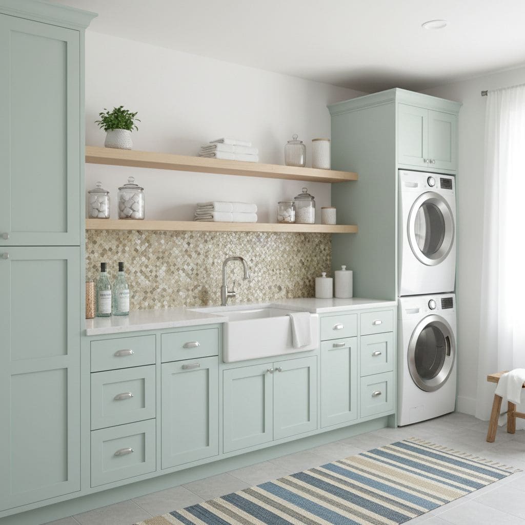 Modern laundry room with peel and stick wall tiles, cabinetry, and stacked washer and dryer.