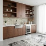 Image of a modern kitchen with peel and stick tile backsplash and wooden cabinets.