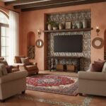 Earth-toned ceramic tiles with a textured, rustic finish, arranged in a decorative pattern on the fireplace wall.
