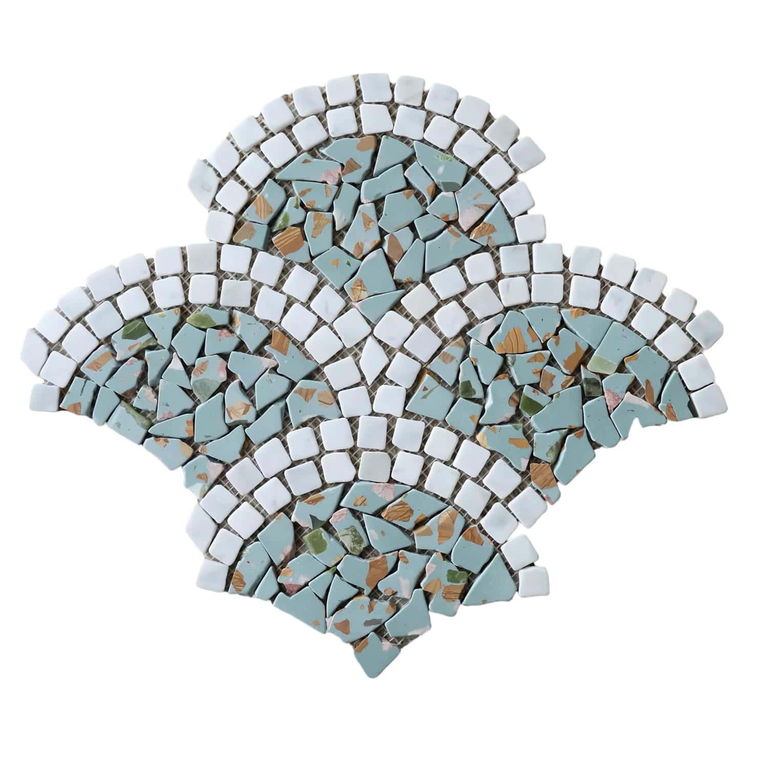 Colorful mosaic tile with blue, brown, and beige tones, featuring a textured, irregular surface. Perfect for decorative accen.
