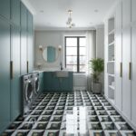 Bright laundry room with blue cabinetry, white walls, and a black and white patterned tile floor. Features a large window, po.
