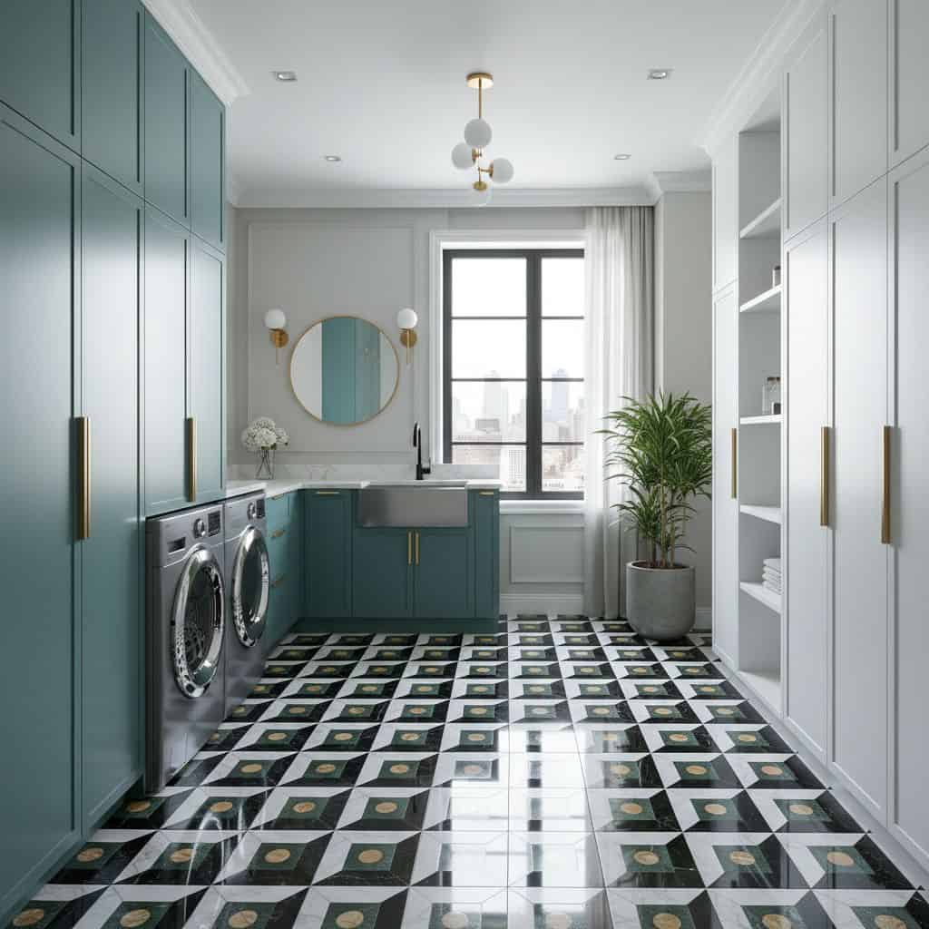 Bright laundry room with blue cabinetry, white walls, and a black and white patterned tile floor. Features a large window, po.