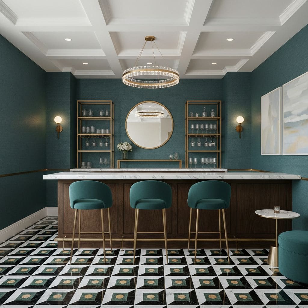 Teal-colored wall with a marble-topped bar, gold accents, and geometric patterned floor tiles in black, white, and gold, crea.