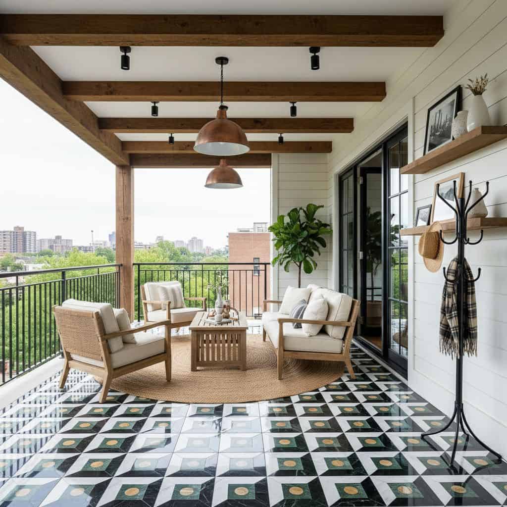 Bright outdoor balcony with patterned black, white, and gold geometric tiles, wooden ceiling beams, and stylish decor.