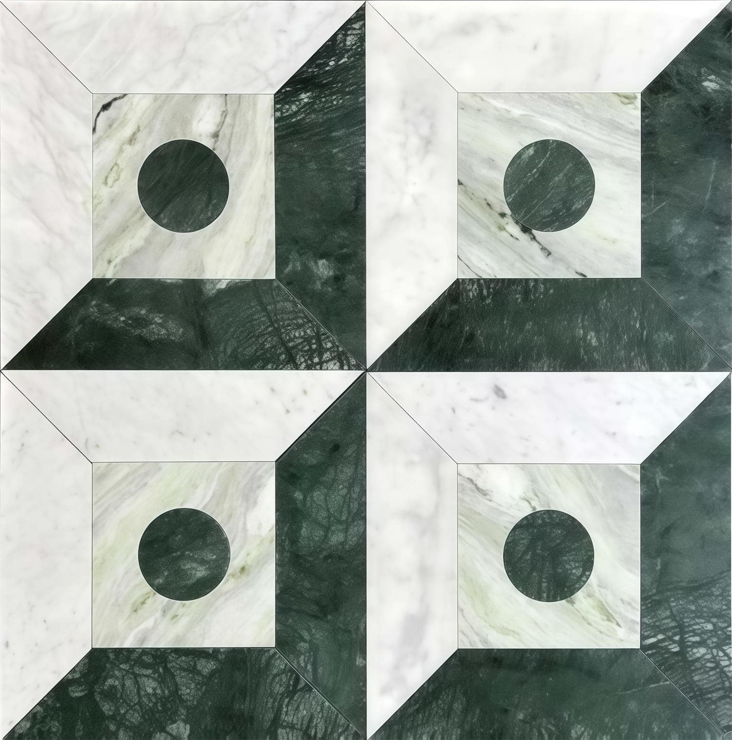 Green marble tile with circular inlay, polished surface, geometric pattern.
