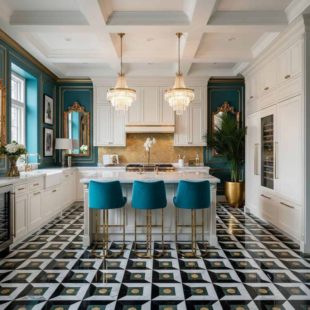 Bright kitchen featuring teal walls, white cabinetry, and gold fixtures with a patterned black and white tile floor.