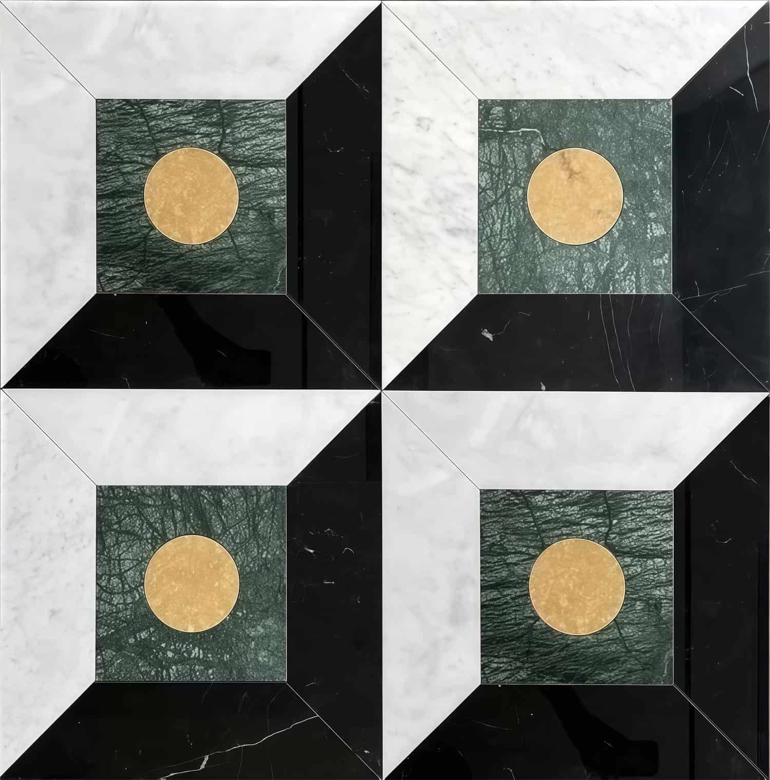 Black and green marble tiles with gold circle inlay, sleek textured surface, modern geometric design.
