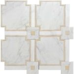 White marble tile with beige border accents and geometric design.