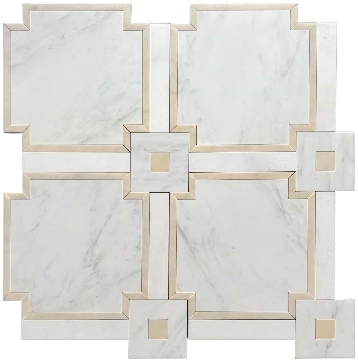 White marble tile with beige border accents and geometric design.