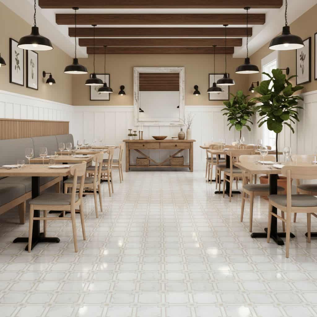 Bright, neutral-toned dining space with wooden ceiling beams and elegant table settings.