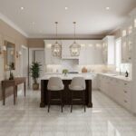 Bright white marble patterned tiles with subtle gray veining, creating a luxurious and timeless look.