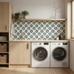 Blue and white patterned ceramic tile backsplash in laundry room.