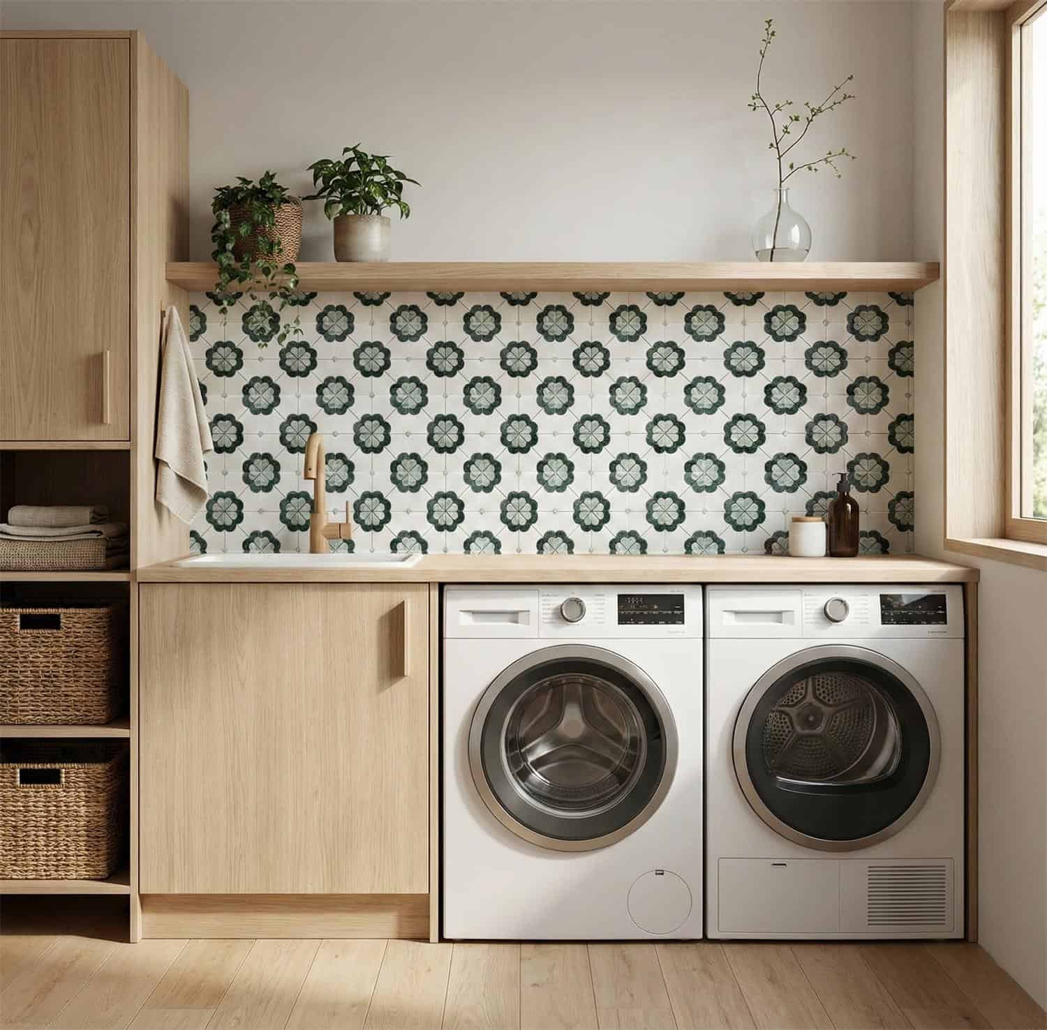 Blue and white patterned ceramic tile backsplash in laundry room.