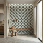 Decorative floral patterned tiles in shades of blue and white.