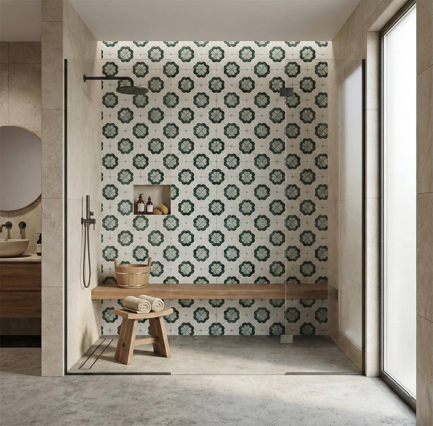 Decorative floral patterned tiles in shades of blue and white.