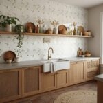 Neutral geometric patterned wall tiles with a matte finish, complementing the wooden kitchen cabinetry and creating a warm, i.
