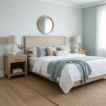Light blue textured wall tile with subtle geometric pattern, adding a calm and elegant touch to the bedroom decor.