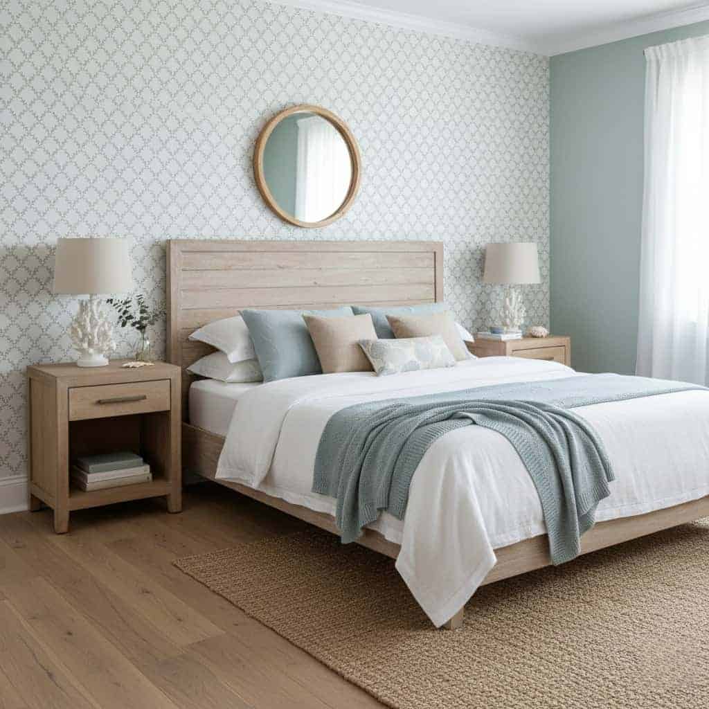 Light blue textured wall tile with subtle geometric pattern, adding a calm and elegant touch to the bedroom decor.