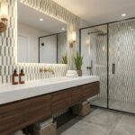 Bright white and beige textured ceramic tiles with a matte finish, arranged in a vertical pattern.