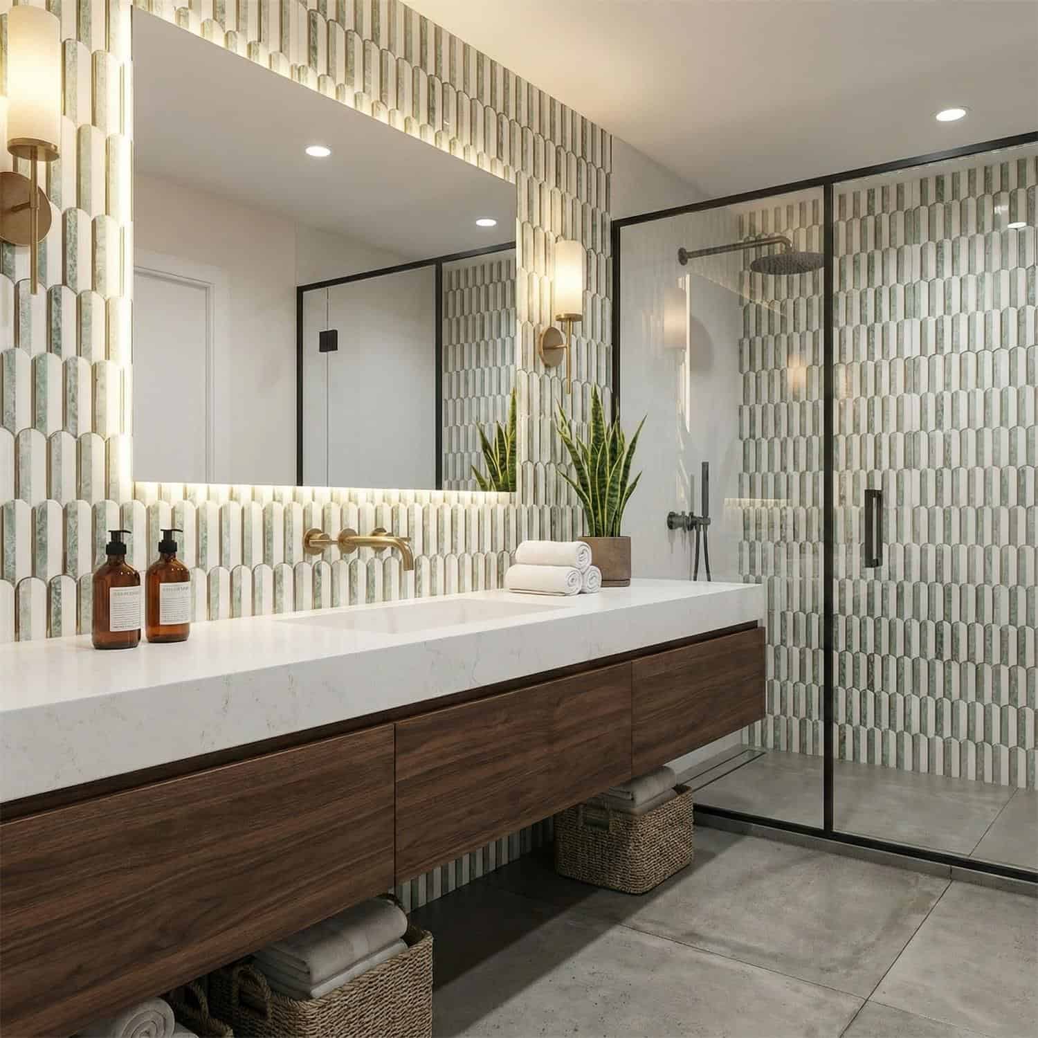 Bright white and beige textured ceramic tiles with a matte finish, arranged in a vertical pattern.