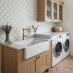 Bright white patterned tile wall in laundry room with wooden cabinetry and modern appliances.