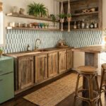 Blue textured ceramic tile backsplash in a rustic kitchen setting.